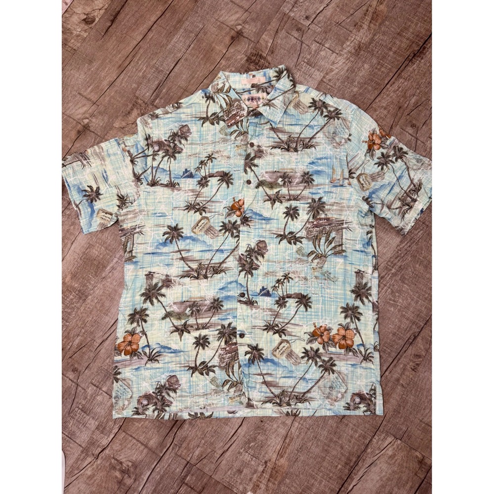 Campia Moda Mens Large Blue Tropical Palm Tree Rayon Short Sleeve ButtonUp Shirt